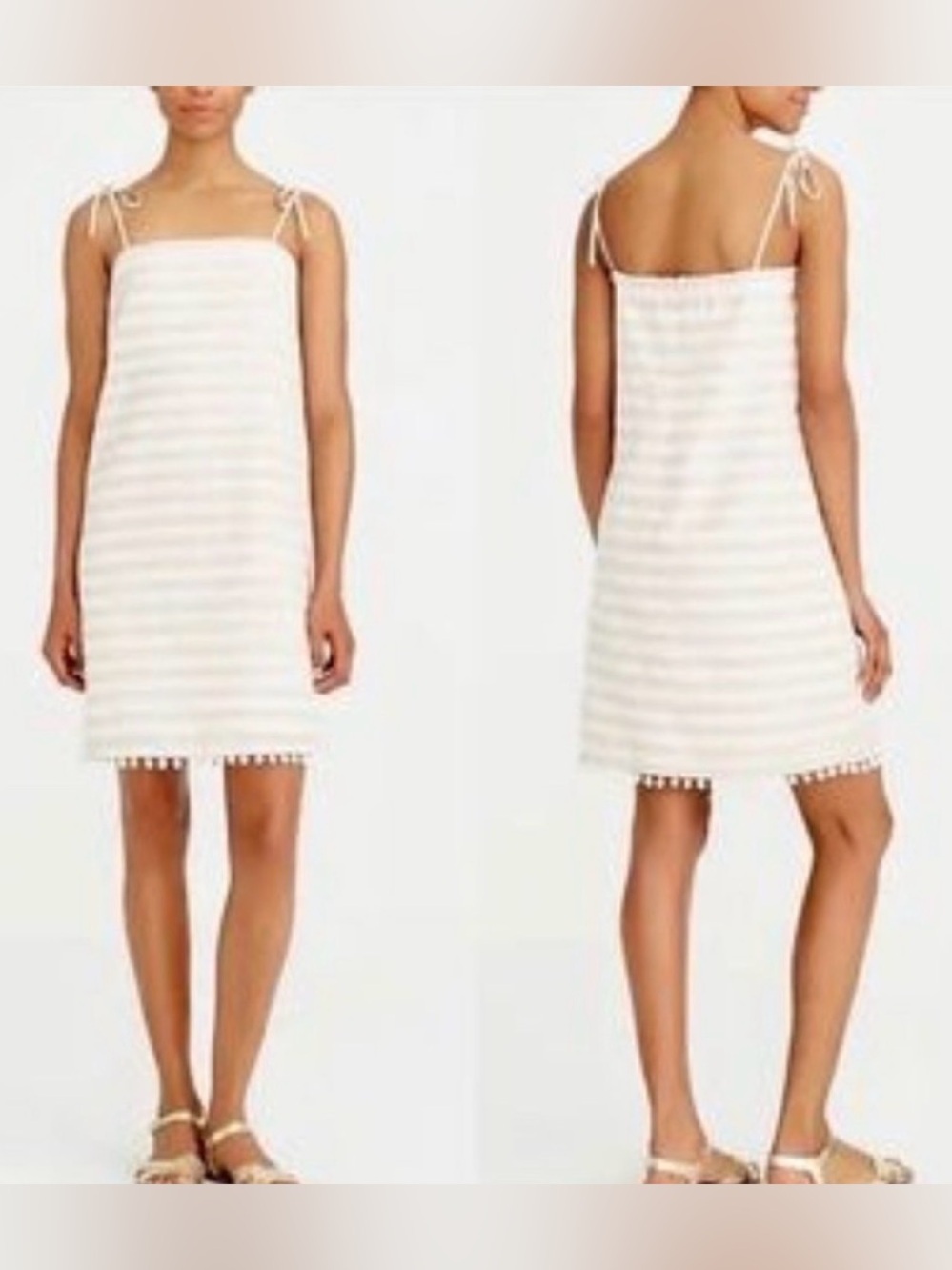 J. Crew Linen Cotton Mini Striped Pom Pom Spagetti Strap Dress, XS